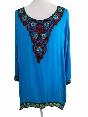 Anjili Bright Blue Embroidered V-Neck Tunic with Multicolor Trim Size L Boho